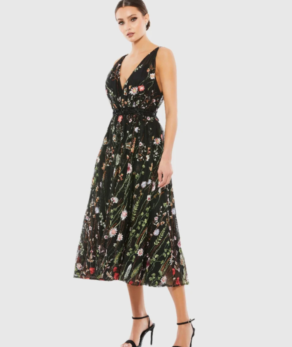 LENA for Mac Duggal Dress Sz 6 Black Floral Embroidered Mesh Midi Garden Party